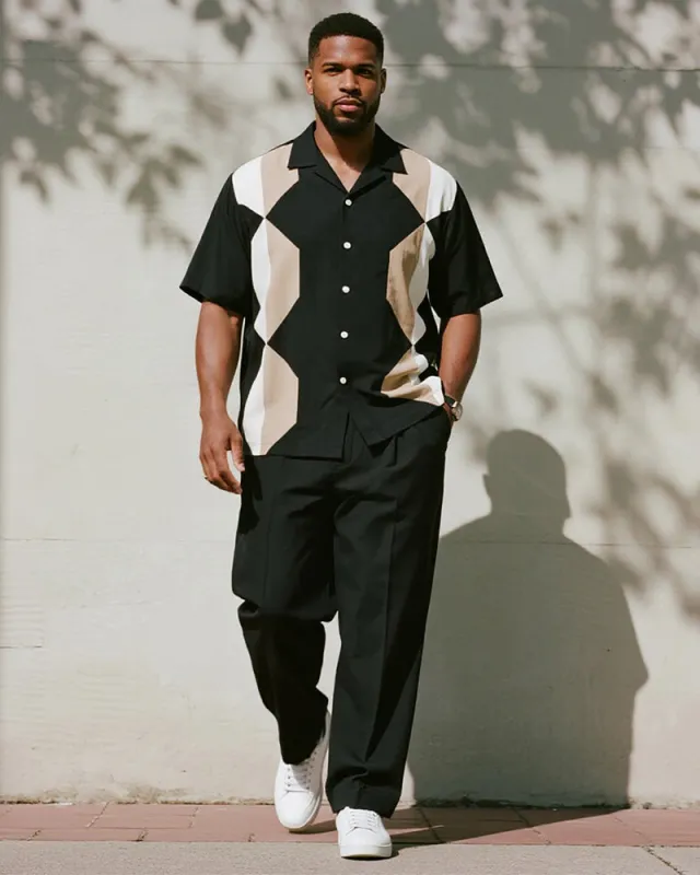 Big & Tall Men's Business Black Stitching Khachi Geometric Printed Short Sleeve Shirt Trousers Suit sold by Biggmans