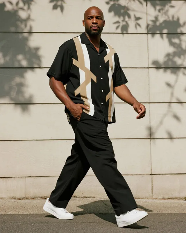 Big & Tall Men's Business Black Color Matching Khaki Geometric Print Short Sleeve Shirt Trousers Suit sold by Biggmans