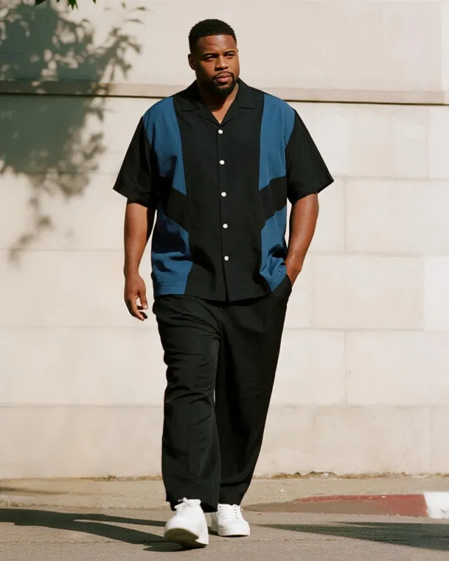 Big & Tall Men's Business Black Blue Stripe Colorblock Printed Short Sleeve Shirt Trousers Suit sold by Biggmans