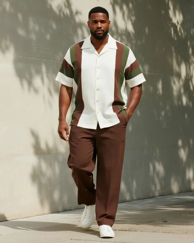 Big & Tall Men's Business Brown Contrast Striped Printed Short Sleeve Shirt Trousers Suit made by Biggmans