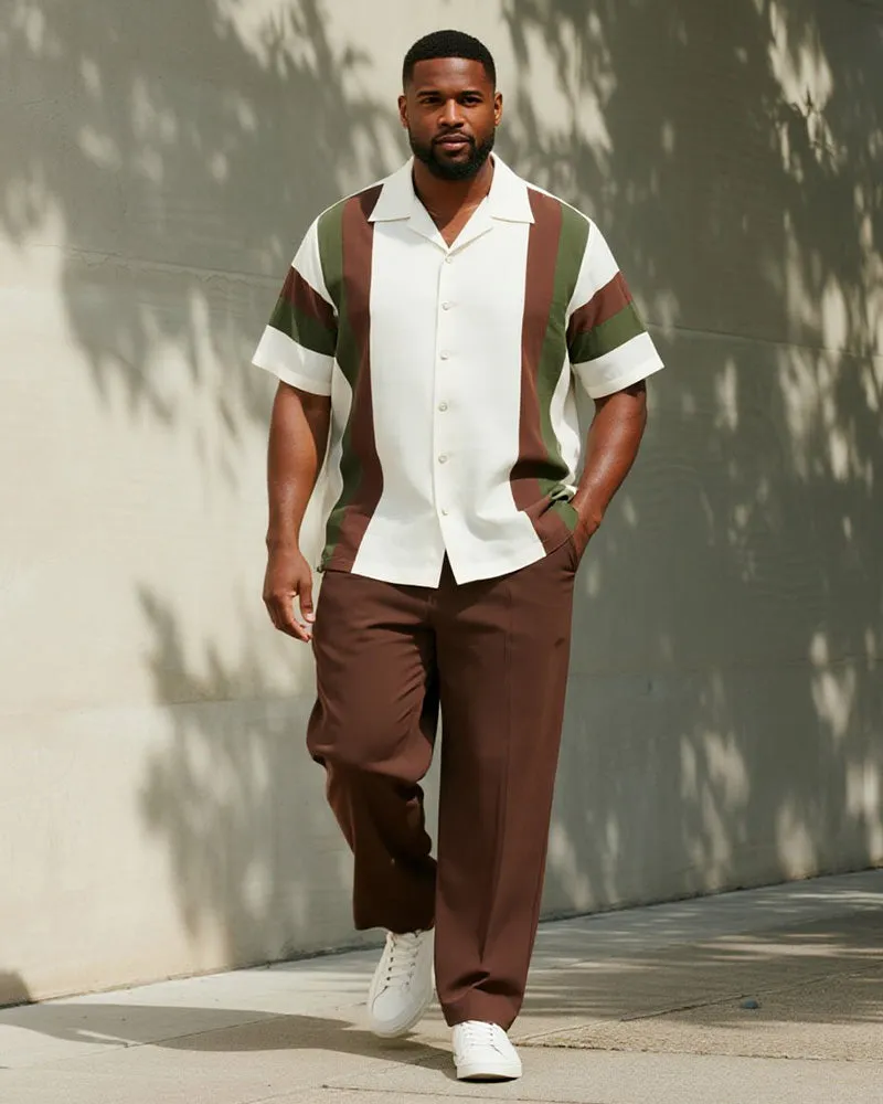 Big & Tall Men's Business Brown Contrast Striped Printed Short Sleeve Shirt Trousers Suit sold by Biggmans