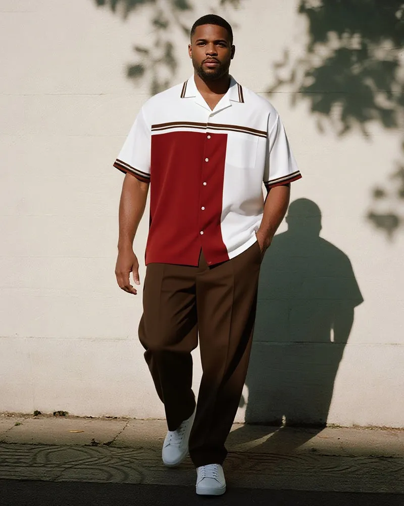 Big & Tall Men's Business Red And Brown Striped Printed Pocket Short Sleeve Shirt Trousers Suit sold by Biggmans