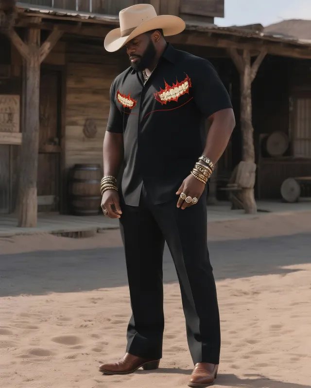 Big & Tall Men's Western Style Casual Teeth Mouth Print-Black Short Sleeve Shirt Pants Suit sold by Biggmans