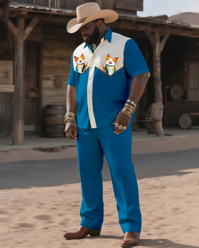 Big & Tall Men's Western Style Color Matching Casual Cute Cat Printing-short Sleeve Shirt Pants Suit sold by Biggmans