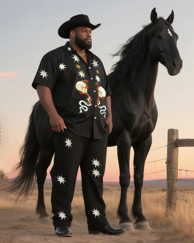 Big & Tall Men's Daily Leisure Western Wind Stars & Skull & Rattlesnake-Short Sleeve Shirt Pants Suit sold by Biggmans
