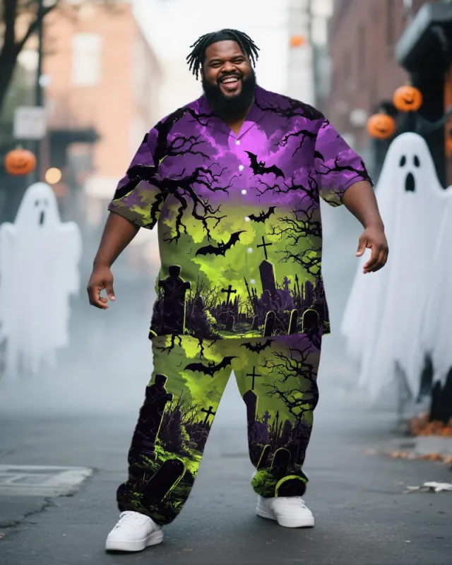 Big & Tall Men's Halloween Purple Green Graffiti Cross Print Short Sleeve Shirt Trousers Suit sold by Biggmans