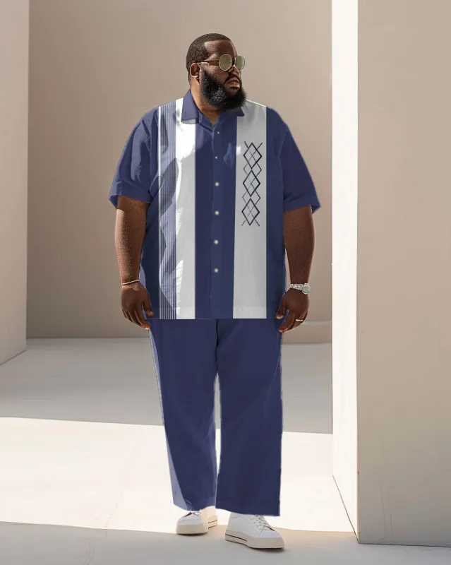 Men's Plus Size Business Simple Color Block Printed Short Sleeve Shirt Suit sold by Biggmans