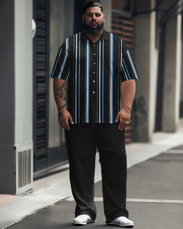 Men's Plus Size Simple Contrast Stripe Print Short Sleeve Shirt Suit sold by Biggmans