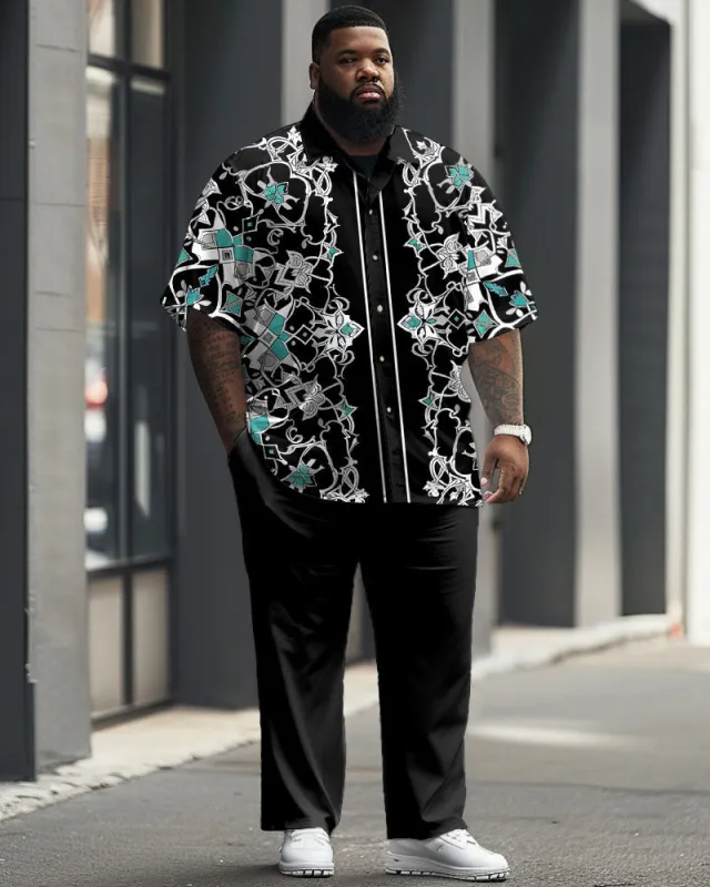 Men's Plus Size Business Simple Geometric Advanced Blue Short Sleeve Shirt Trousers Suit sold by Biggmans