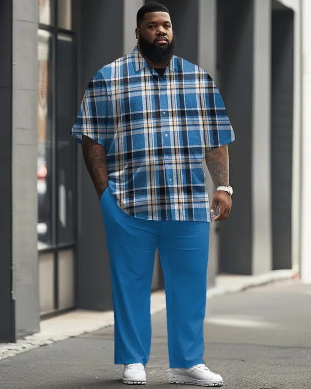 Classic Blue Plaid Short Sleeve Shirt Trousers Suit Men's Plus Size sold by Biggmans
