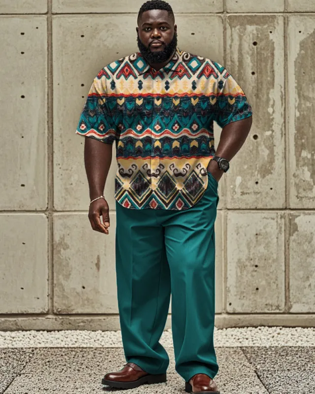 Vintage Western Print Lapel Short-sleeved Shirt Plus Size Men's Suit sold by Biggmans