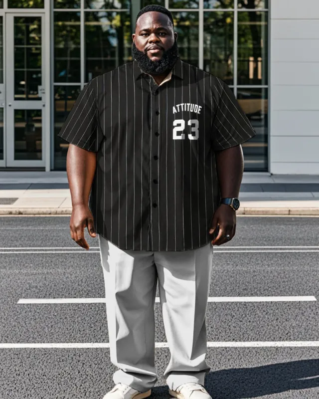 Striped Letter Color Short-sleeved Shirt Plus Size Men's Suit sold by Biggmans