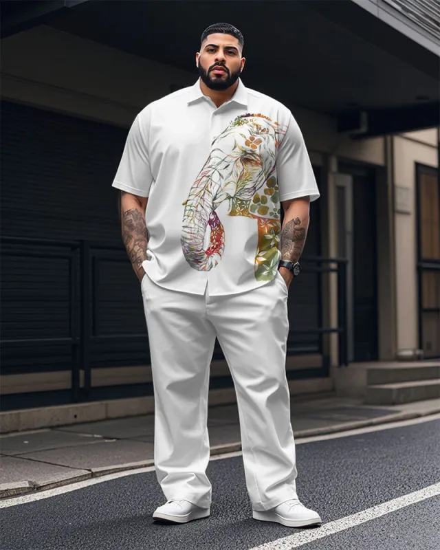 Men's Plus Size Casual Gradient Ink Elephant Print Short Sleeve Shirt Trousers Suit sold by Biggmans