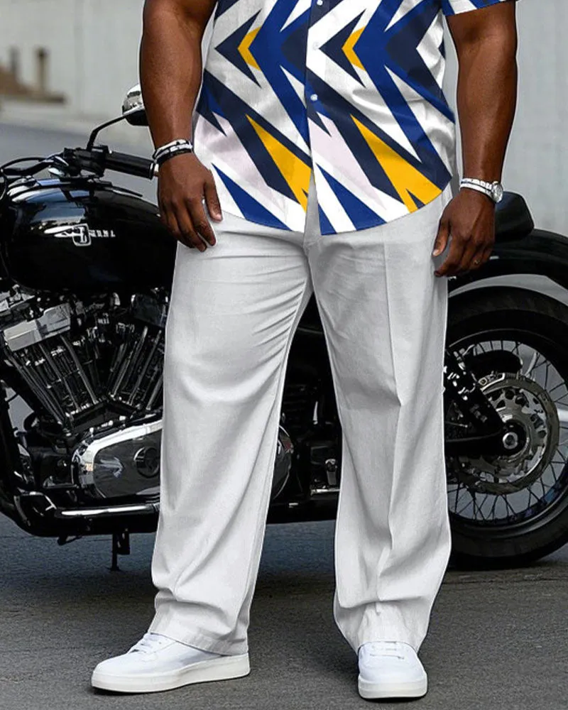Men's Plus Size White & Blue & Yellow & Geometric Business Daily Casual Short Sleeve Shirt Trousers Suit sold by Biggmans product image thumbnail 3