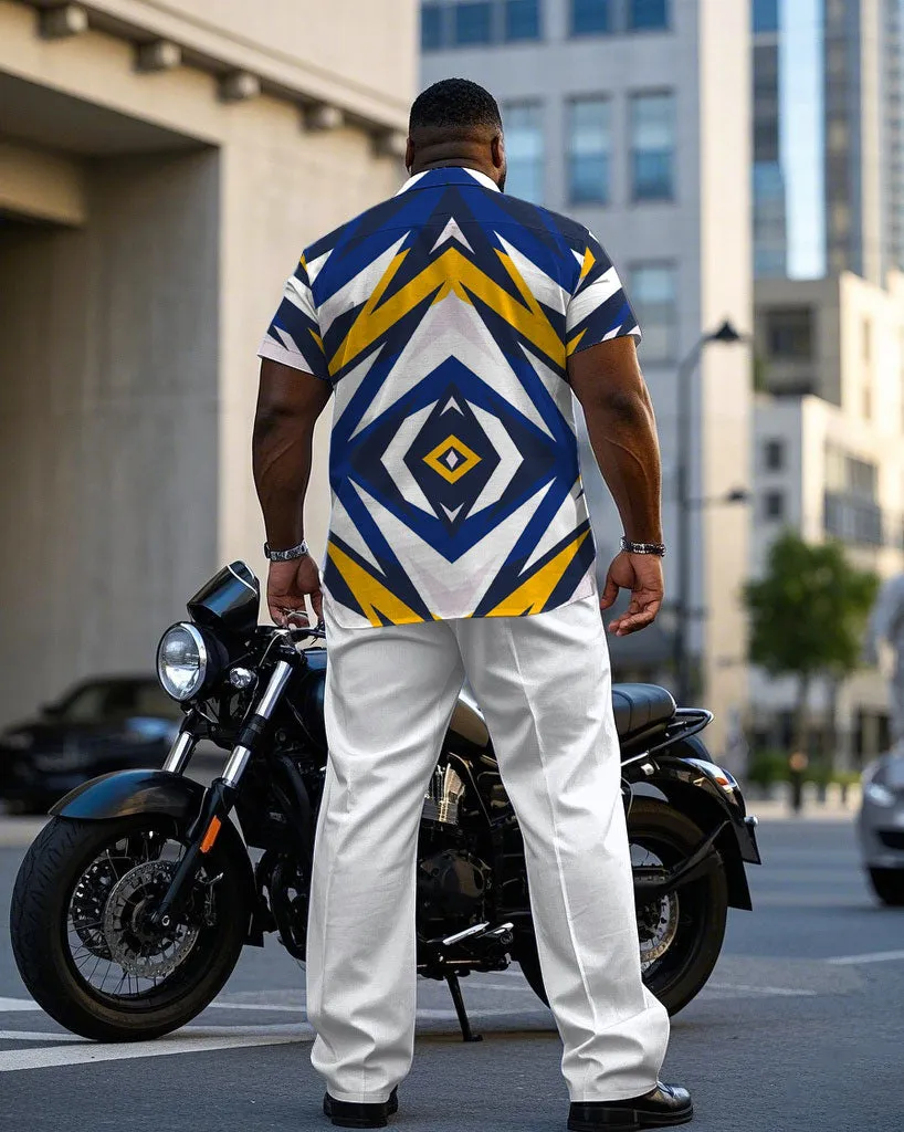 Men's Plus Size White & Blue & Yellow & Geometric Business Daily Casual Short Sleeve Shirt Trousers Suit sold by Biggmans product image thumbnail 4