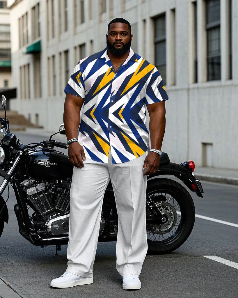 Men's Plus Size White & Blue & Yellow & Geometric Business Daily Casual Short Sleeve Shirt Trousers Suit sold by Biggmans