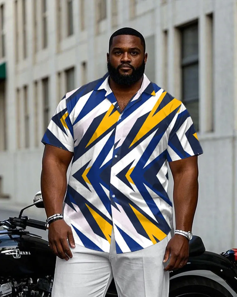 Men's Plus Size White & Blue & Yellow & Geometric Business Daily Casual Short Sleeve Shirt Trousers Suit sold by Biggmans product image thumbnail 2