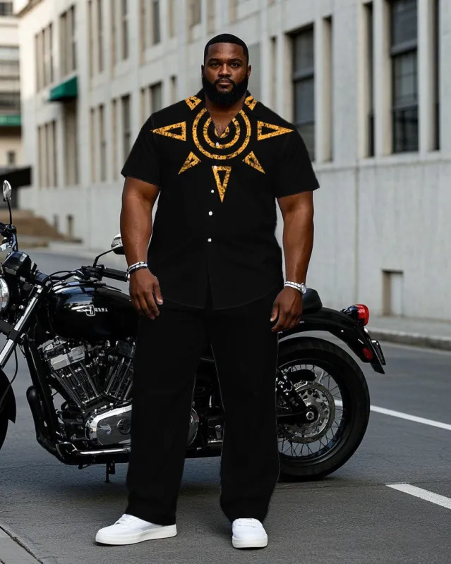 Men's Plus Size Black Collar Signature Printed Short Sleeve Shirt Trousers Suit sold by Biggmans