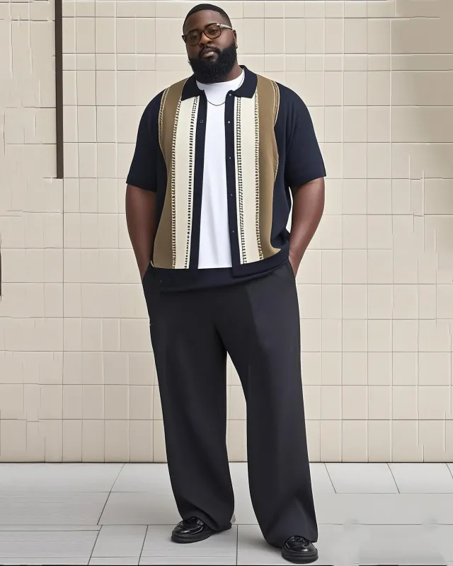 Big Man's Daily Casual Striped Color Block Printing Short Sleeve Shirt Trousers Suit sold by Biggmans