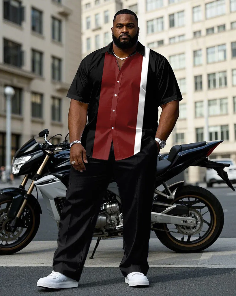 Men's Plus Size Business Casual Black & Red & White Colorblock Short Sleeve Shirt Trousers Suit sold by Biggmans
