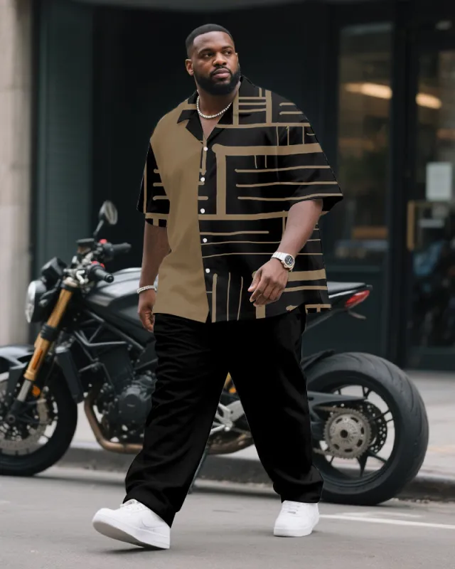 Men's Plus Size Business Khaki Black Geometric Color Block Print Short Sleeve Shirt Trousers Suit sold by Biggmans