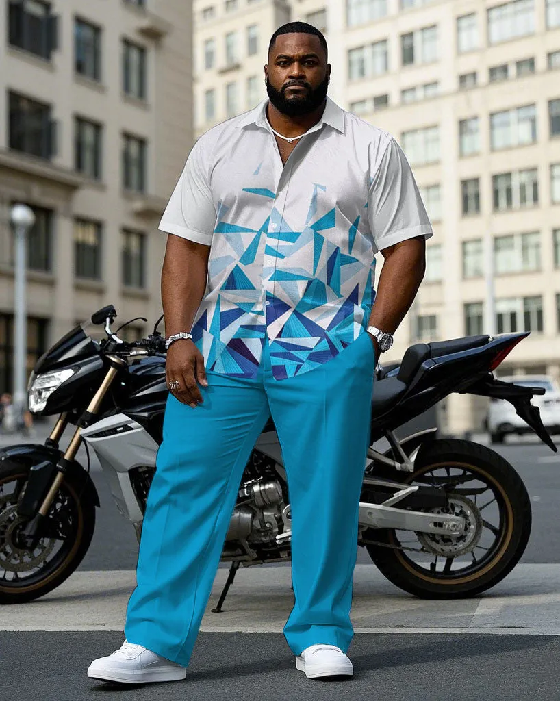 Men's Plus Size Business White & Blue Geometric Gradient Arrangement Short Sleeve Shirt Trousers Suit sold by Biggmans