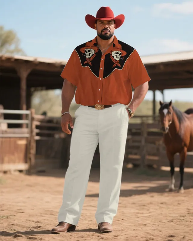Western Denim-Men's Plus Size Western Skull Symmetrical Print Short Sleeve Shirt Pants Suit sold by Biggmans