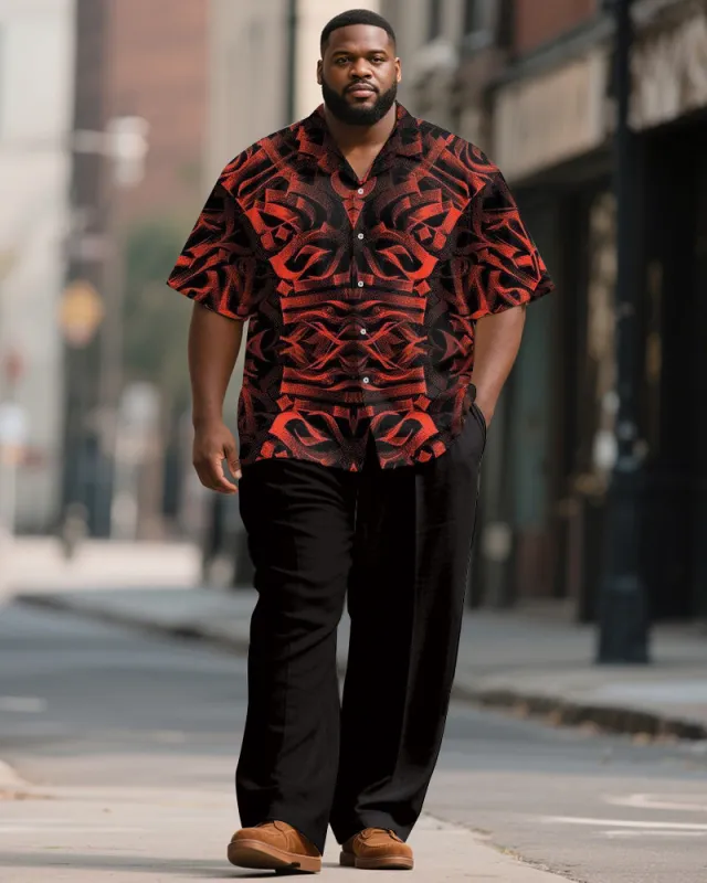 Men's Plus Size Black Red Gradient Painting Letter Print Short Sleeve Shirt Trousers Suit sold by Biggmans