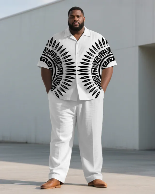 Men's Plus Size Black And White Geometric Print Short Sleeve Shirt Trousers Suit sold by Biggmans