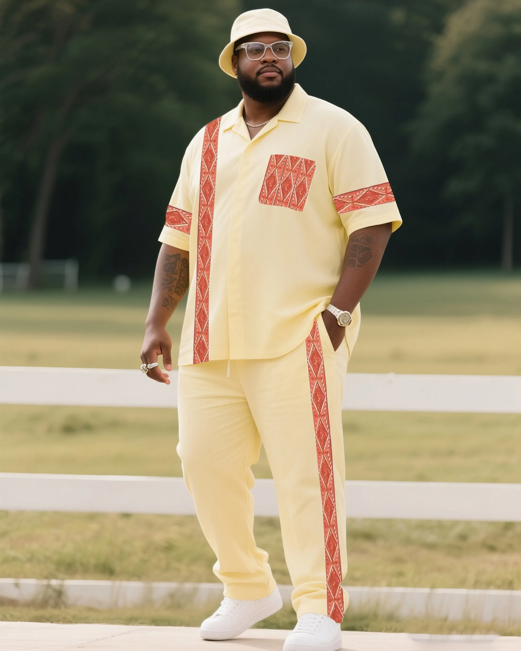 Big Boy Must Have 2025 Fashion High Sense Natural Yellow Creative Lines Short Sleeve Shirt Trousers Suit sold by Biggmans