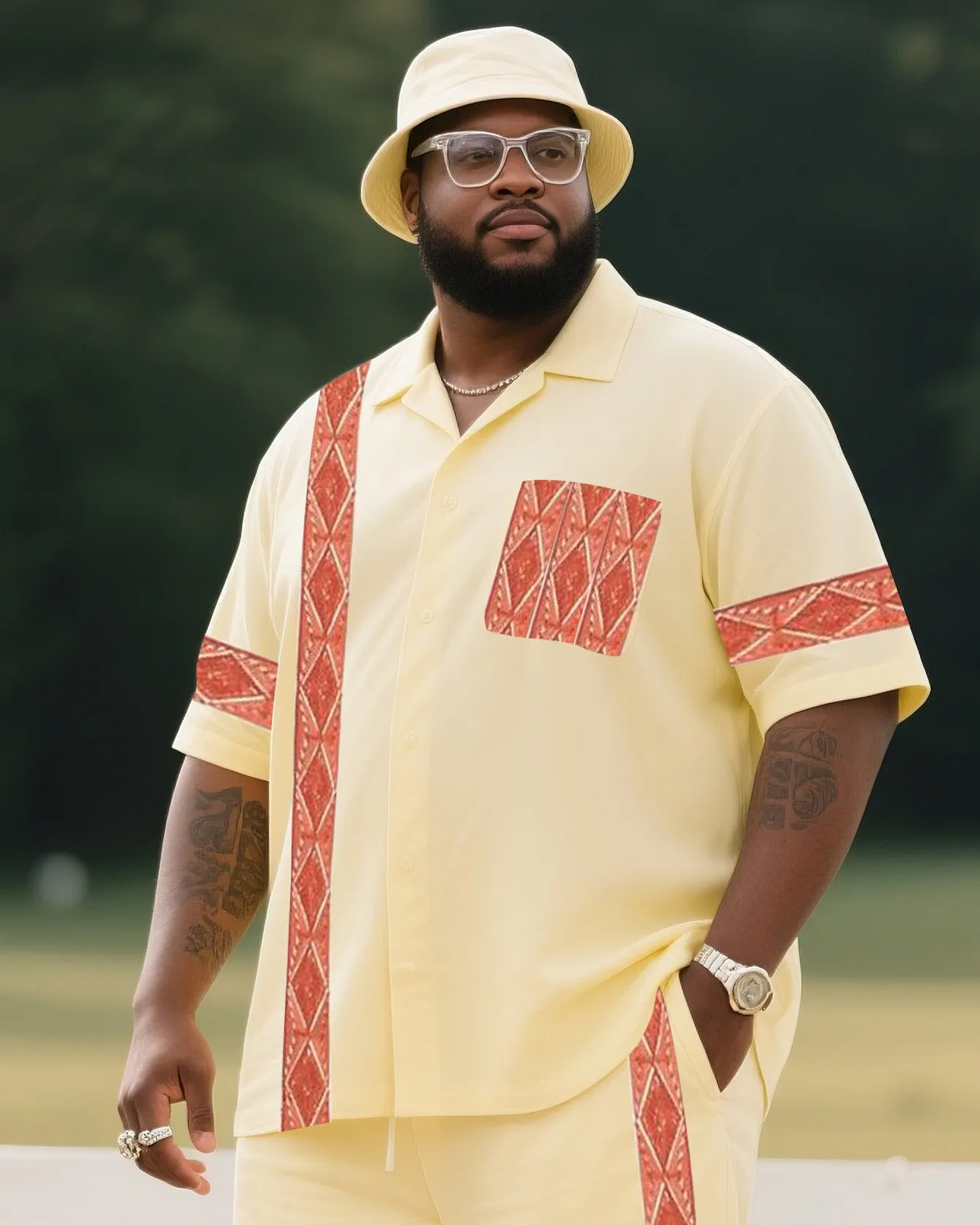 Big Boy Must Have 2025 Fashion High Sense Natural Yellow Creative Lines Short Sleeve Shirt Trousers Suit sold by Biggmans product image thumbnail 2