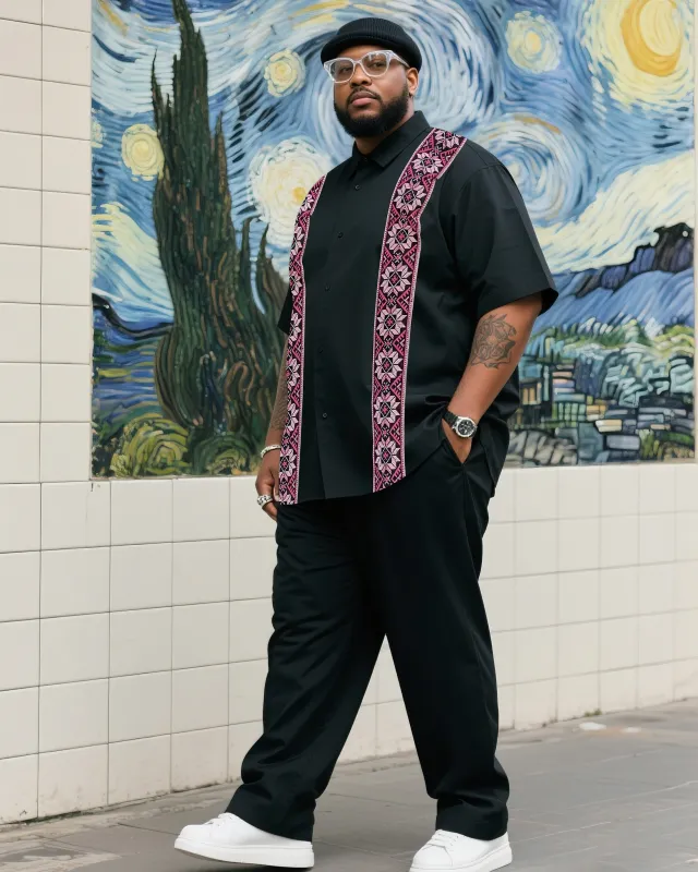 Big Boy Essential 2025 Fashion High Sense Black Double Line Short Sleeve Shirt Trousers Suit sold by Biggmans