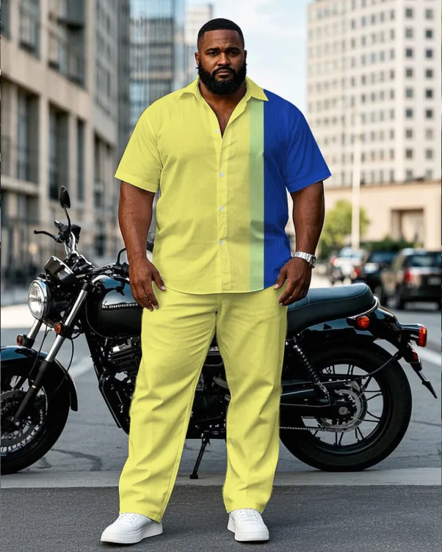 Men's Plus Size Simple Casual Blue & Yellow Colorblock Short Sleeve Shirt Pants Suit sold by Biggmans