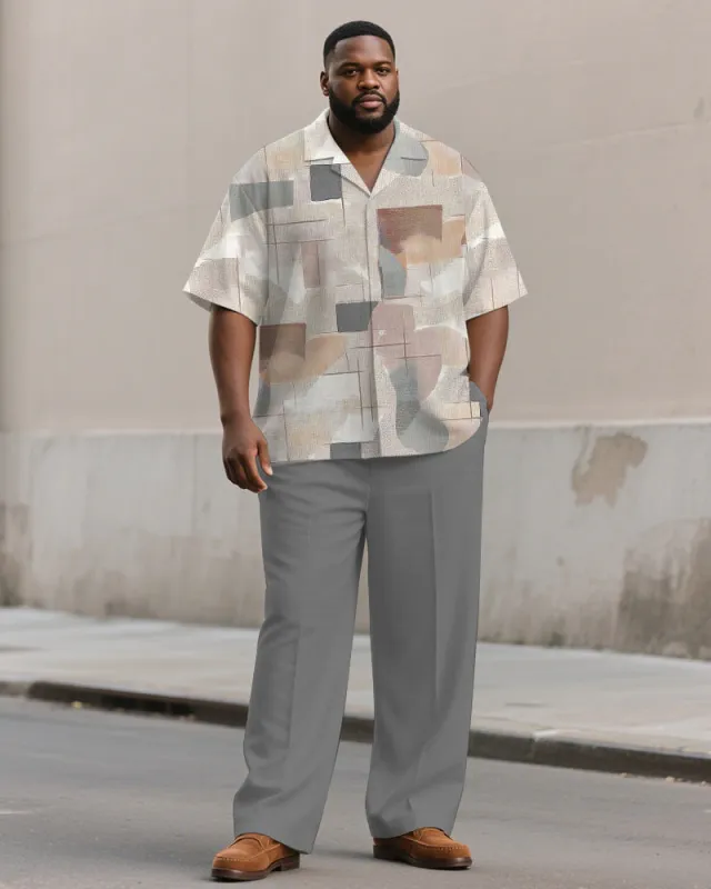 Men's Plus Size Simple Gray Color Block Printed Short Sleeve Shirt Trousers Suit sold by Biggmans