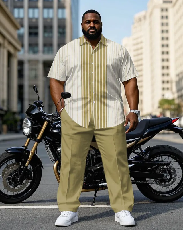 Men's Plus Size Fashion Apricot Striped & Yellow Striped Patchwork Short Sleeve Shirt Pants Suit made by Biggmans