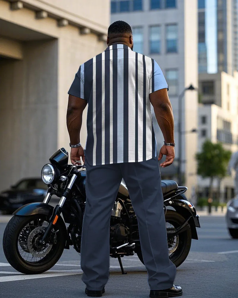 Men's Plus Size Fashion Business Blue Striped Contrast Short Sleeve Shirt Trousers Suit sold by Biggmans product image thumbnail 4