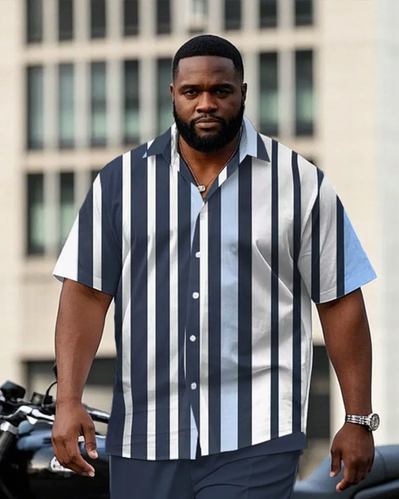 Men's Plus Size Fashion Business Blue Striped Contrast Short Sleeve Shirt Trousers Suit sold by Biggmans product image thumbnail 2