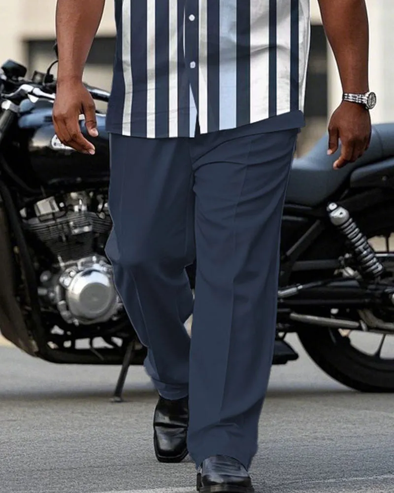 Men's Plus Size Fashion Business Blue Striped Contrast Short Sleeve Shirt Trousers Suit sold by Biggmans product image thumbnail 3