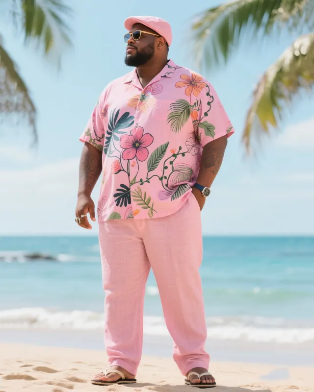 Big & Tall Men's Holiday Luxury Floral Printed Short Sleeve Shirt Trousers Cotton Linen Suit sold by Biggmans