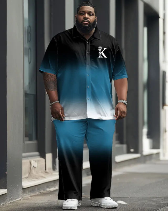 Men's Plus Size Business Simple Gradient K Letter Printing Short Sleeve Shirt Suit sold by Biggmans