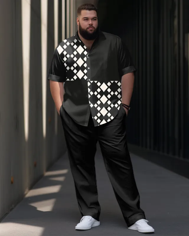 Men's Plus Size Geometric Patchwork Print Short Sleeve Shirt Trousers Suit sold by Biggmans