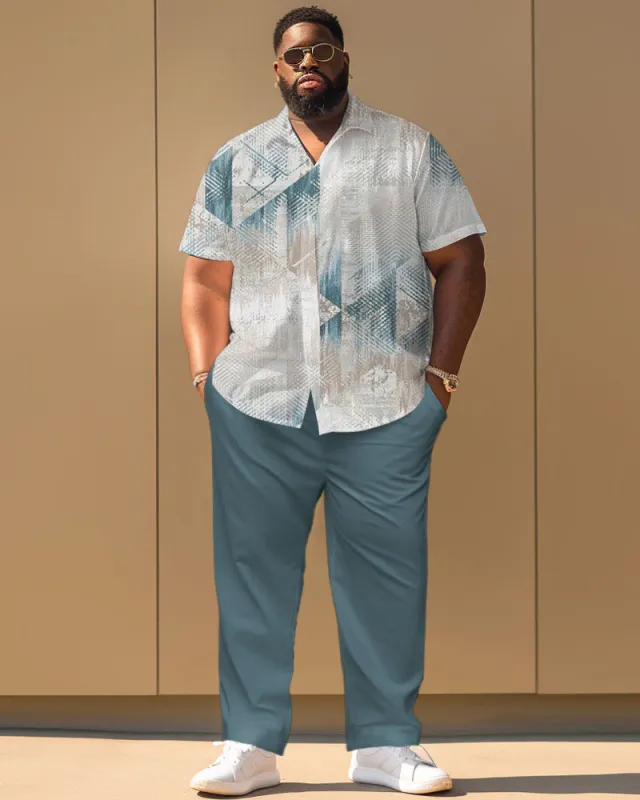 Striped Geometric Print Short Sleeve Shirt Trousers Suit Men's Plus Size sold by Biggmans