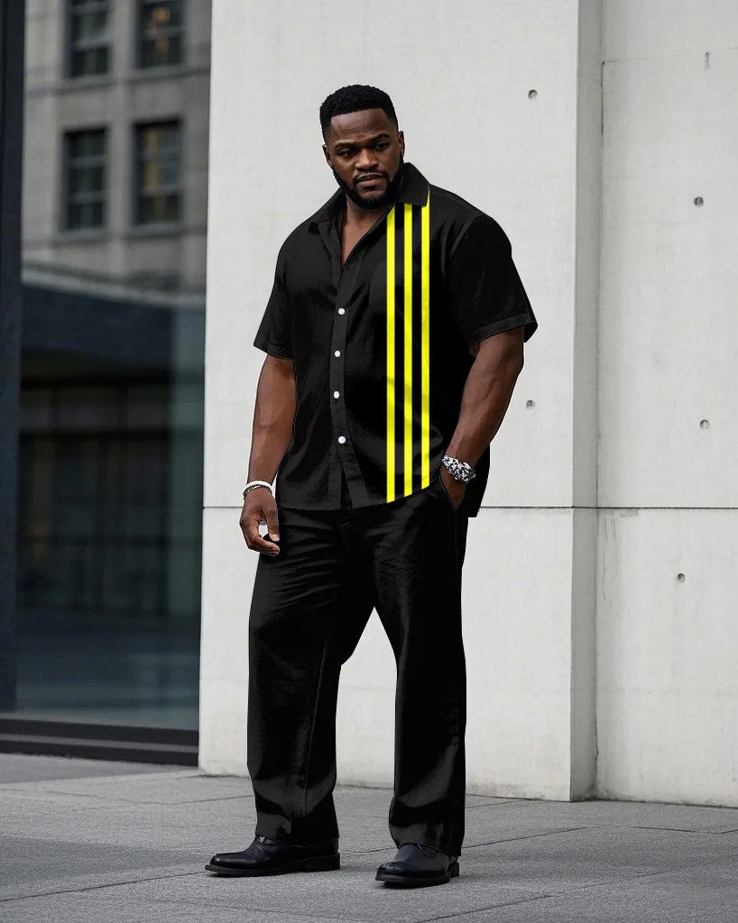 Men's Plus Size Simple Black & Yellow Color Matching Stitching Short-sleeved Shirt Trousers Suit sold by Biggmans