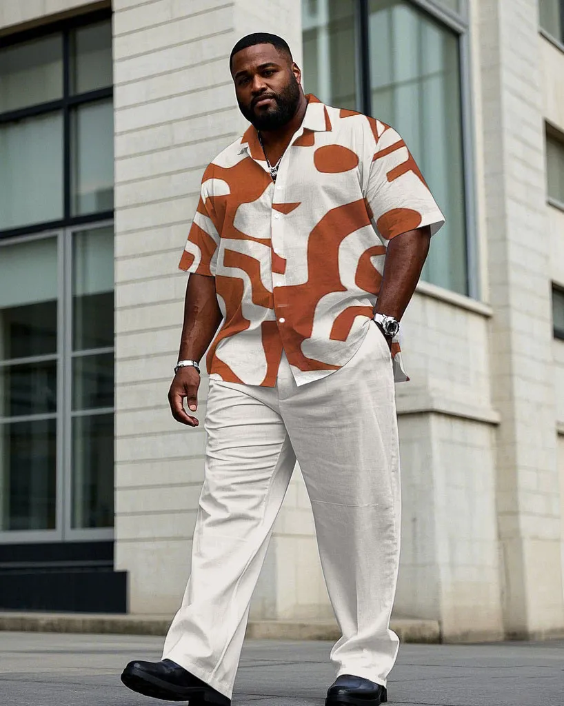 Men's Plus Size Business Irregular Orange Graphic Print Short Sleeve Shirt Trousers Suit sold by Biggmans