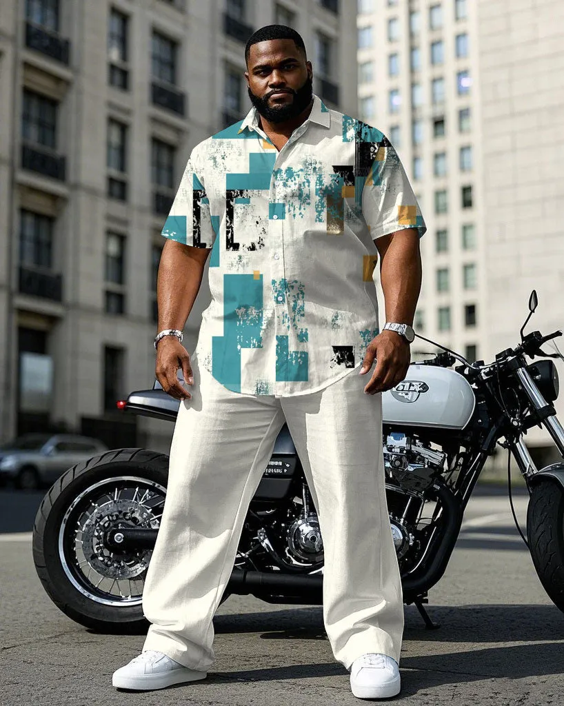 Men's Plus Size Business Apricot Distinctive Shedding Effect Printed Daily Casual Short Sleeve Shirt Trousers Suit sold by Biggmans