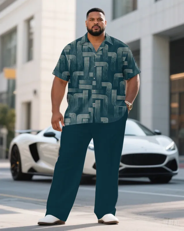 Men's Plus Size Green Business Irregular Linear Short Sleeve Shirt Pants Suit sold by Biggmans