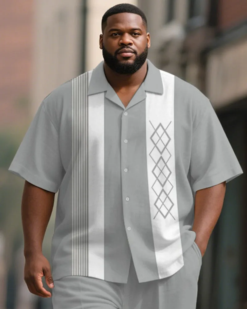 Men's Plus Size Light Gray Stripe Geometric Print Short Sleeve Shirt Trousers Suit sold by Biggmans product image thumbnail 2