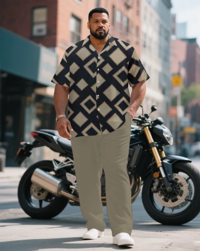 Men's Plus Size Business Black & Khaki Geometric Arrangement Short Sleeve Shirt Pants Suit made by Biggmans
