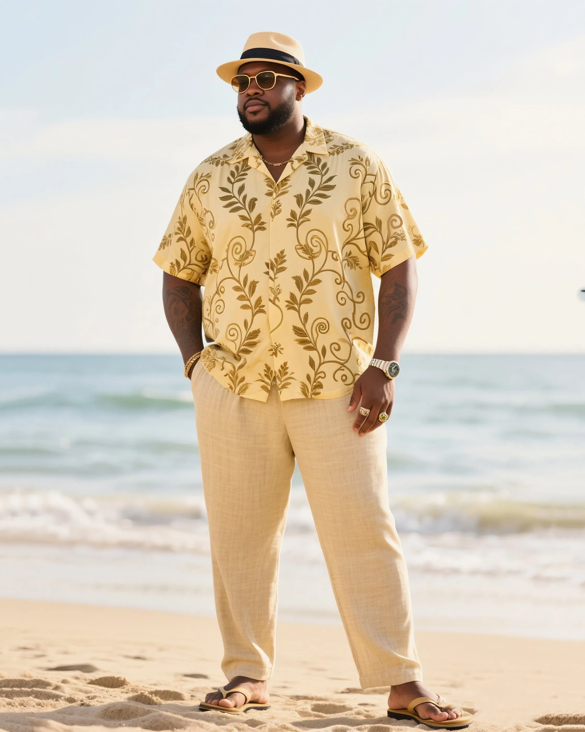 Big & Tall Men's Holiday Style High Luxury Vine Structure Printed Short Sleeve Shirt Pants Cotton Linen Suit sold by Biggmans