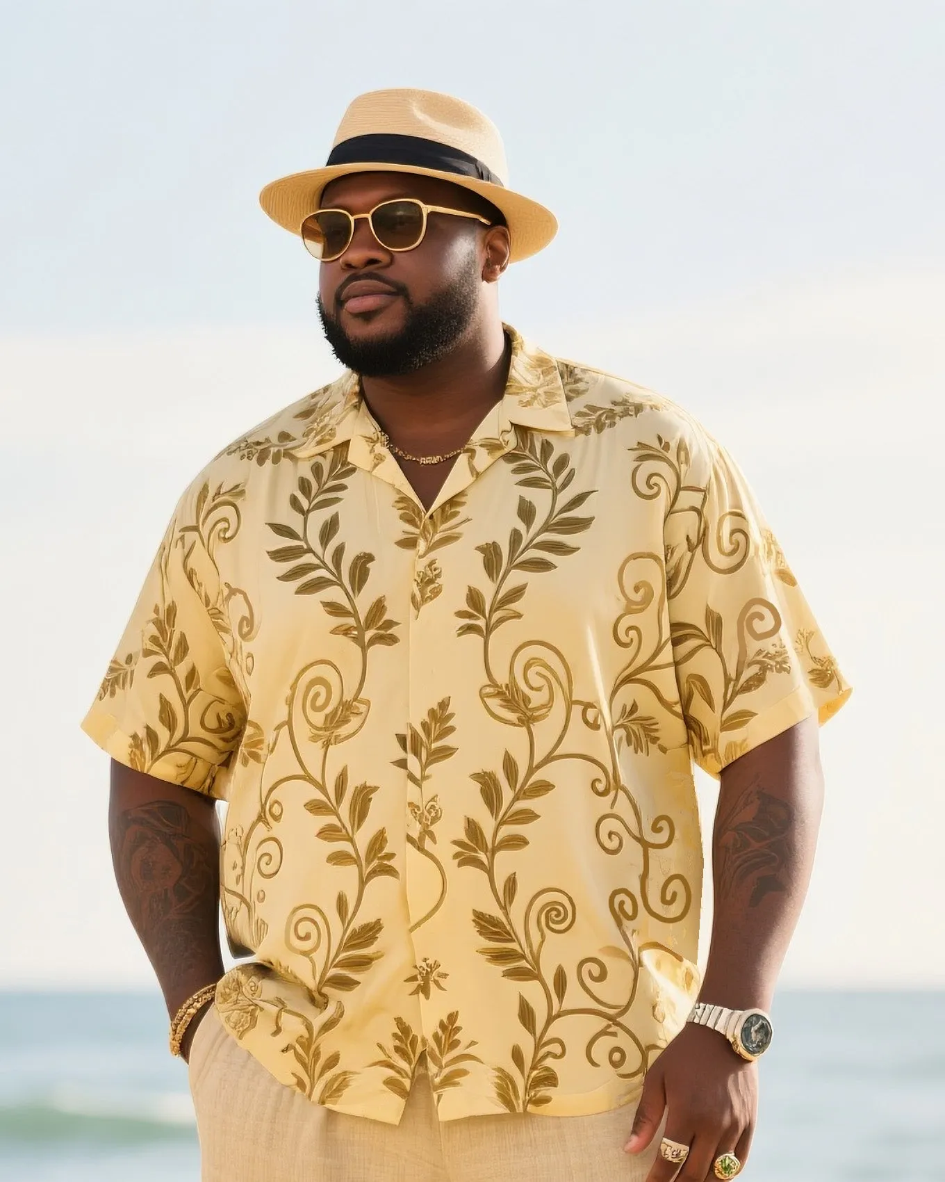 Big & Tall Men's Holiday Style High Luxury Vine Structure Printed Short Sleeve Shirt Pants Cotton Linen Suit sold by Biggmans product image thumbnail 2